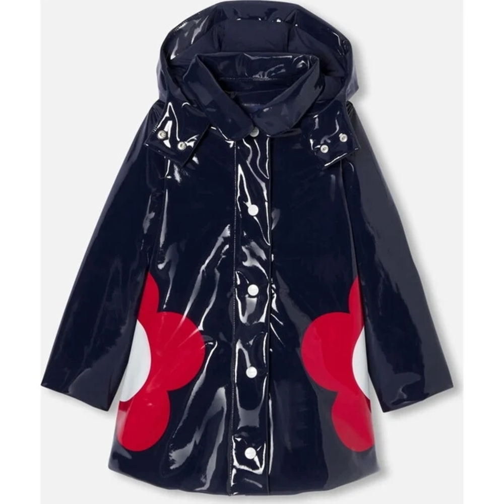 Jacadi Glossy Navy Raincoat with Red Floral Design